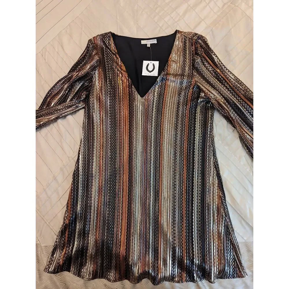 Lavender brown metallic stripe long sleeve mini dress sz s nwot